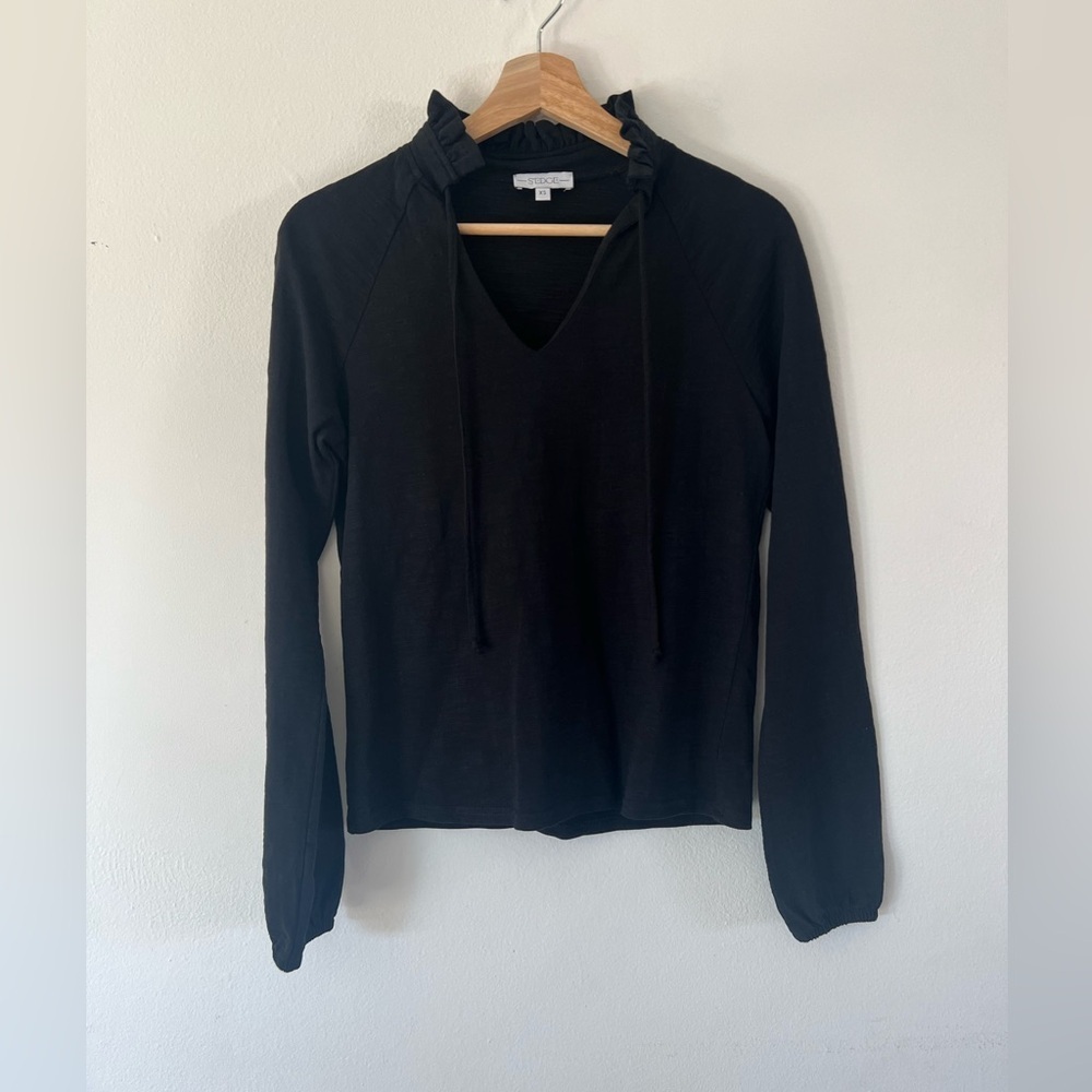 S’EDGE‎ Black Ruffle Collar Long Sleeve 100% Cotton Top Size XS